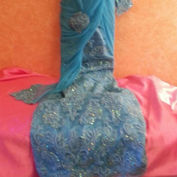 Custom Order Turquoise Lace Net Wedding Saree - Picture 2 of 8